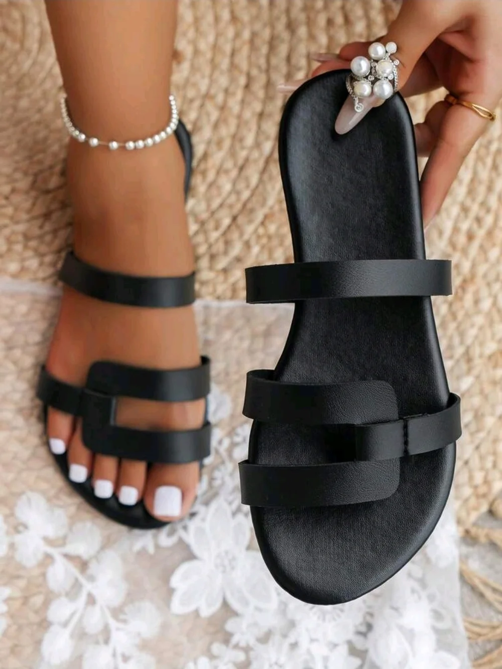 Black Triple-Strap Women's Slide Sandals